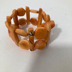 Tagua Nut Bracelet Stretch Plank Hexagon Pattern Peach Brown 1.5" x 9"‎ round